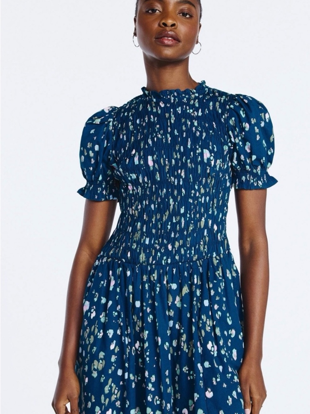 Women’s Smocked Navy Floral Puff-Sleeve Dress Sz Large NWT